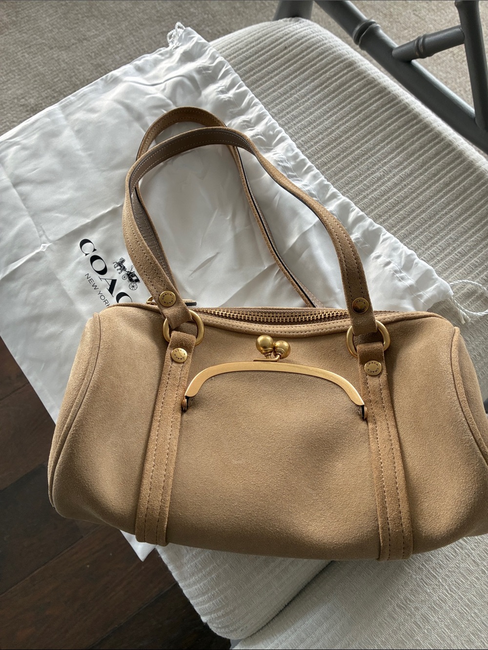 Coach kiss lock barrel bag suede